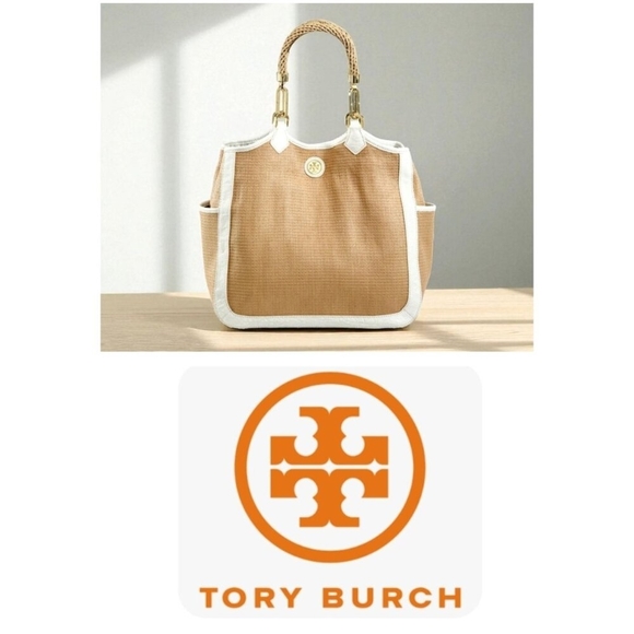 Tory Burch Natural & White Channing Straw & Leather Tote - Picture 1 of 13